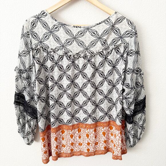 ANTHROPOLOGIE | Viscose Boho Top Blouse Blue Orange White Embroidered | Large - Picture 5 of 7